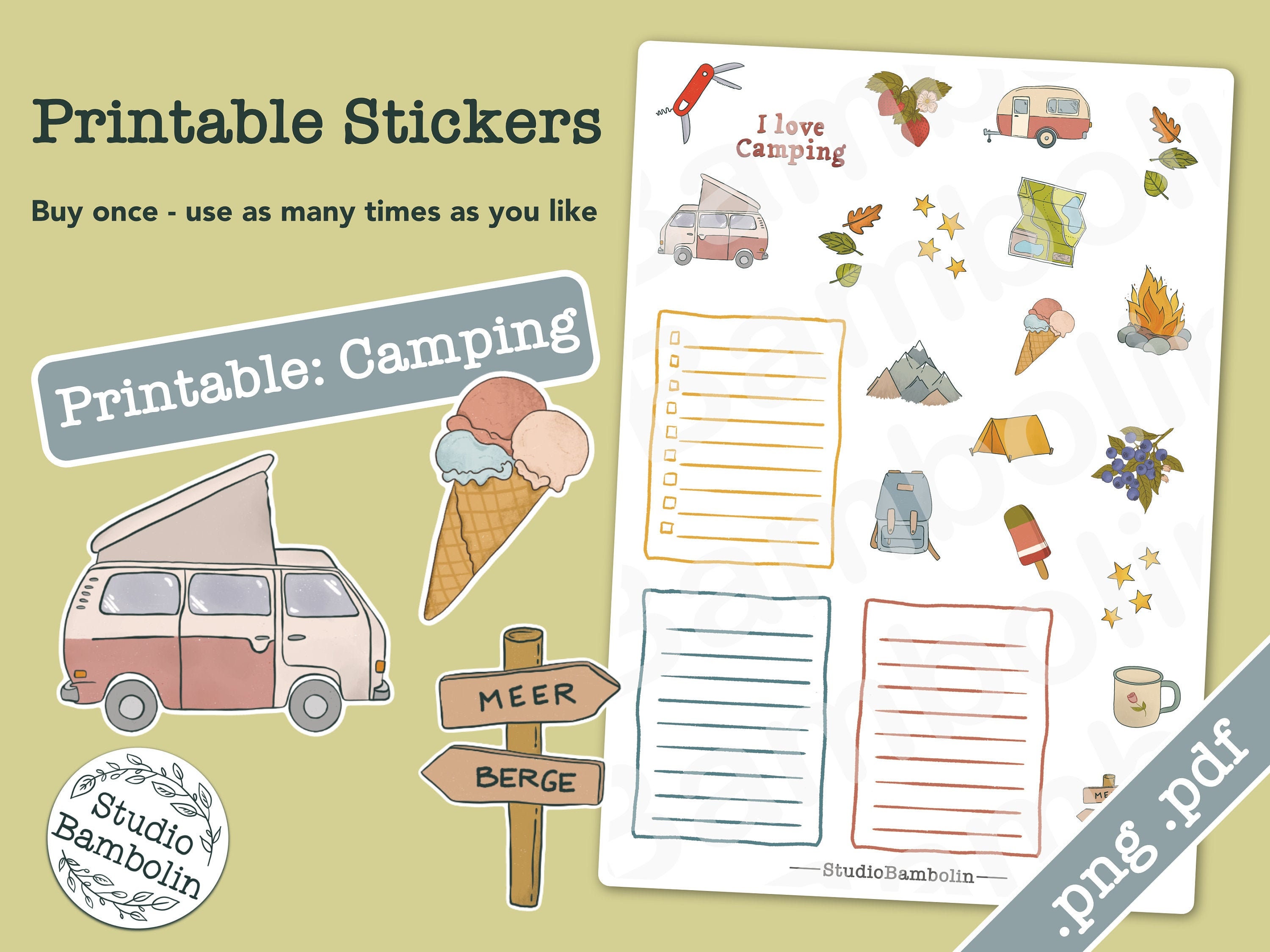 Printable Stickers CAMPING Print and cut yourself or use in | Etsy