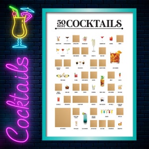 50 Best Cocktails Scratch Off Poster - Craft Cocktails - Home Bar Decor - Bar Cart Accessories - Home Bar Signs - Home Bar Gifts