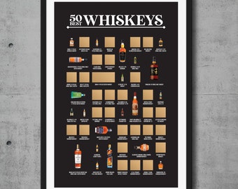 50 Best Whiskeys Scratch Off Poster, Whiskey Bucket List, Best Whiskey Gifts for Men, Whiskey Home Bar Decor, Whiskey Wall Art, Whiskey Sign