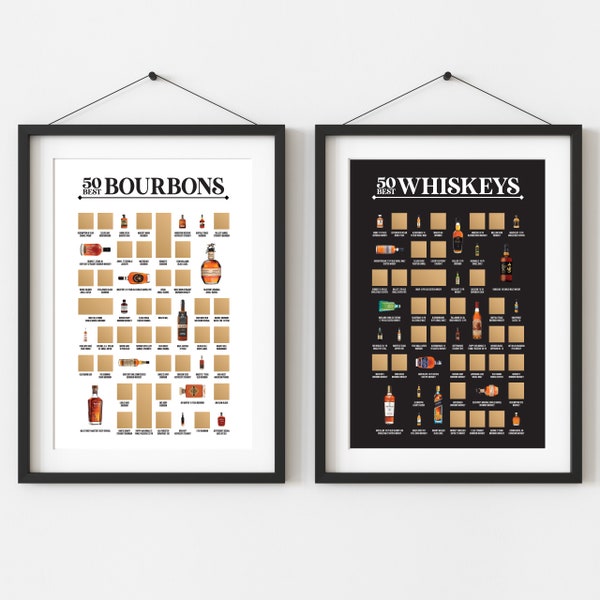 50 Best Bourbons & 50 Best Whiskeys Scratch Off Posters, Bourbon Gifts, Whiskey Gift, Home Bar Decor, Bourbon Sign, Bar Cart Art Accessories