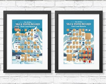 East and West Coast Ski and Snowboarding Scratch Off Posters, Ski Bucket List, Snowboard Gifts, Ski Gifts, Ski Decor, Ski Art, Ski Mountains