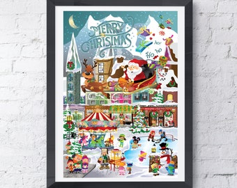 A Christmas Village Wall Art - Christmas Decor For Kids - Christmas Posters - Art Print - Christmas Decals - 8"x10", 12" x 18", Autographed!