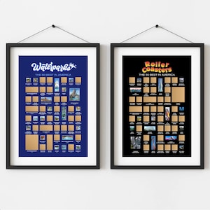 May include: Two framed posters, one blue and one black, each with a grid of scratch-off squares. The blue poster reads "Waterparks: The 50 Best in America." The black poster says "Roller Coasters: The 50 Best in America."