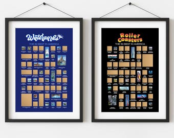 50 Best Roller Coasters + Waterparks Scratch Off Poster, Roller Coaster Bucket List, Roller Coaster Gifts, Water Park Gifts, Waterpark Party
