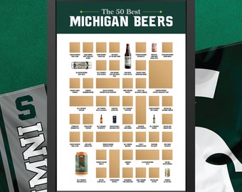 Michigan State Beers - 50 Best Michigan Beers Scratch Off Poster - Spartan Gifts for Him - Beer Print - Craft Beer Gifts for Men