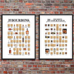 50 najlepszych bourbonów i 50 najlepszych koktajli z bourbonem - plakaty do zdrapywania - Bourbon Print - Craft Cocktails - Home Bar Decor - Bar Cart Accessories