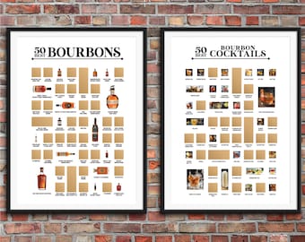 50 Best Bourbons and 50 Best Bourbon Cocktails Scratch Off Posters - Bourbon Print - Cocktail Print - A Great Gift for Home Bars!