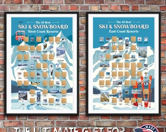 Posters à gratter de ski et de snowboard des côtes est et ouest - Poster de ski - Poster de snowboard - Un cadeau idéal pour les skieurs et les snowboarders !