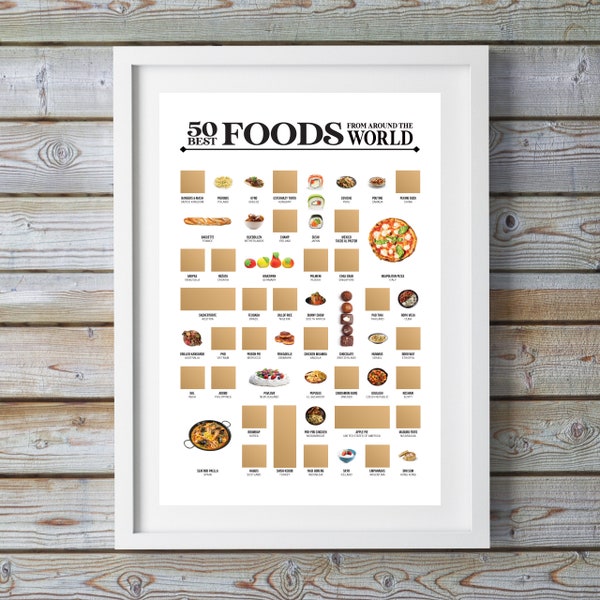 50 Best Foods From Around The World Scratch Off Poster - Kitchen Decor - Kitchen Signs - Kitchen Wall Art - A Great Gift for Foodies!