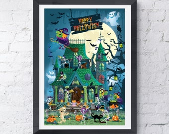Peut inclure: Une illustration de dessin animé d'une maison hantée avec une pancarte qui dit "Joyeux Halloween". Des squelettes, des fantômes et d'autres personnages effrayants sont rassemblés autour de la maison.