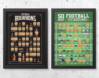 50 Best Bourbons Scratch Off Poster & 50 Best Football Stadiums Scratch Off Poster - 2 Bucket List Posters for Bourbon and Football Lovers!