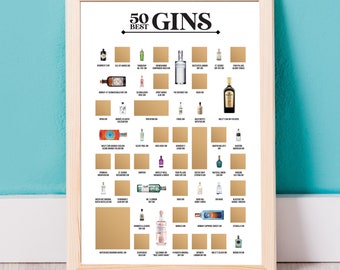 Poster des 50 meilleurs gins à gratter - La liste des produits de gin - Poster de gin - Impression de gin - Le meilleur cadeau pour les amateurs de gin !