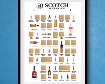 Poster à gratter des 50 meilleurs whiskies écossais - Liste des scotchs - Décoration de chariot de bar - Décoration de bar pour la maison - Le meilleur cadeau pour les amateurs de scotch !