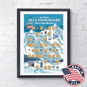 Scratch-off poster westkust skiën en snowboarden – 50 beste resorts aan de westkust – bucketlist voor skiën en snowboarden – geweldig cadeau voor skiërs!