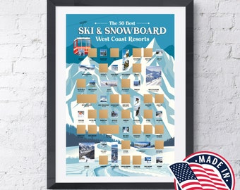 Poster à gratter pour le ski et le snowboard de la côte ouest - Les 50 meilleures stations de la côte ouest - Liste de produits pour le ski et le snowboard - Un cadeau idéal pour les skieurs !