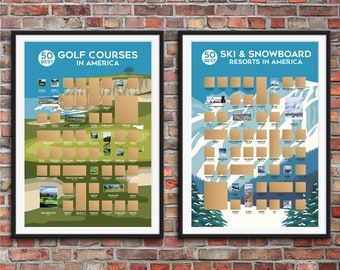 Poster à gratter de golf et poster à gratter de ski et de snowboard - cadeaux de golf - cadeaux de ski - carte de parcours de golf - posters de ski vintage