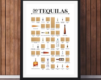 Poster des 50 meilleures tequilas à gratter - Liste de seaux de tequila - Cadeau bar tequila - Carte tequila à gratter - Le meilleur cadeau pour les amateurs de tequila !