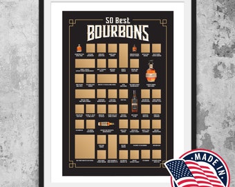 L'affiche originale à gratter Bourbon ! La liste des 50 meilleurs bourbons - Le cadeau bourbon ultime pour les amateurs de bourbon - Un cadeau bourbon pour lui