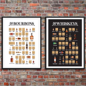 50 Best Bourbons and Whiskeys Scratch Off Posters - Bar Cart Decor - Home Bar Decor - Bar Sign - Best Bourbon Gifts - Best Whiskey Gifts