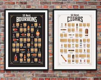 50 Best Bourbons Scratch Off Poster and 50 Best Cigars Scratch Off Poster - Bourbon Gifts - Cigar Gifts - Bar Cart Decor - Home Bar Decor