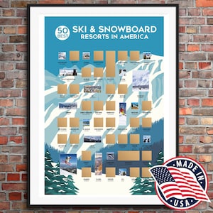 Poster des 50 meilleures stations de ski - Poster de ski et de snowboard à gratter - Poster de ski - Poster de snowboard à gratter - Cadeaux ski - Cadeau snowboard