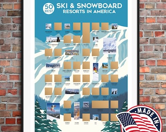 Ski and Snowboarding Scratch Off Poster - 50 Best Ski & Snowboarding Resorts Ultimate Bucket List - A Great Gift for Skiers and Snowboarders