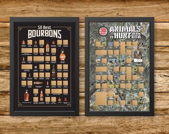 50 Best Bourbons & 50 Best Animals to Hunt in the USA Scratch Off Posters - Bourbon Poster - Hunting Poster - Bourbon Gifts - Hunting Gifts