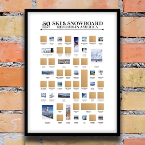 Póster para raspar con los 50 mejores resorts de esquí y snowboard: póster de esquí, decoración de esquí, impresión de esquí: ¡un gran regalo para esquiadores y practicantes de snowboard!