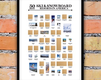 Poster à gratter des 50 meilleures stations de ski et de snowboard - Poster de ski - Décoration de ski - Impression de ski - Un excellent cadeau pour les skieurs et les snowboarders !