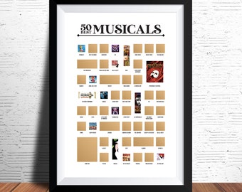 Poster des 50 meilleures comédies musicales à gratter - Poster à gratter de Broadway - Posters de comédies musicales - Posters de Broadway - Poster de la liste des produits de Broadway