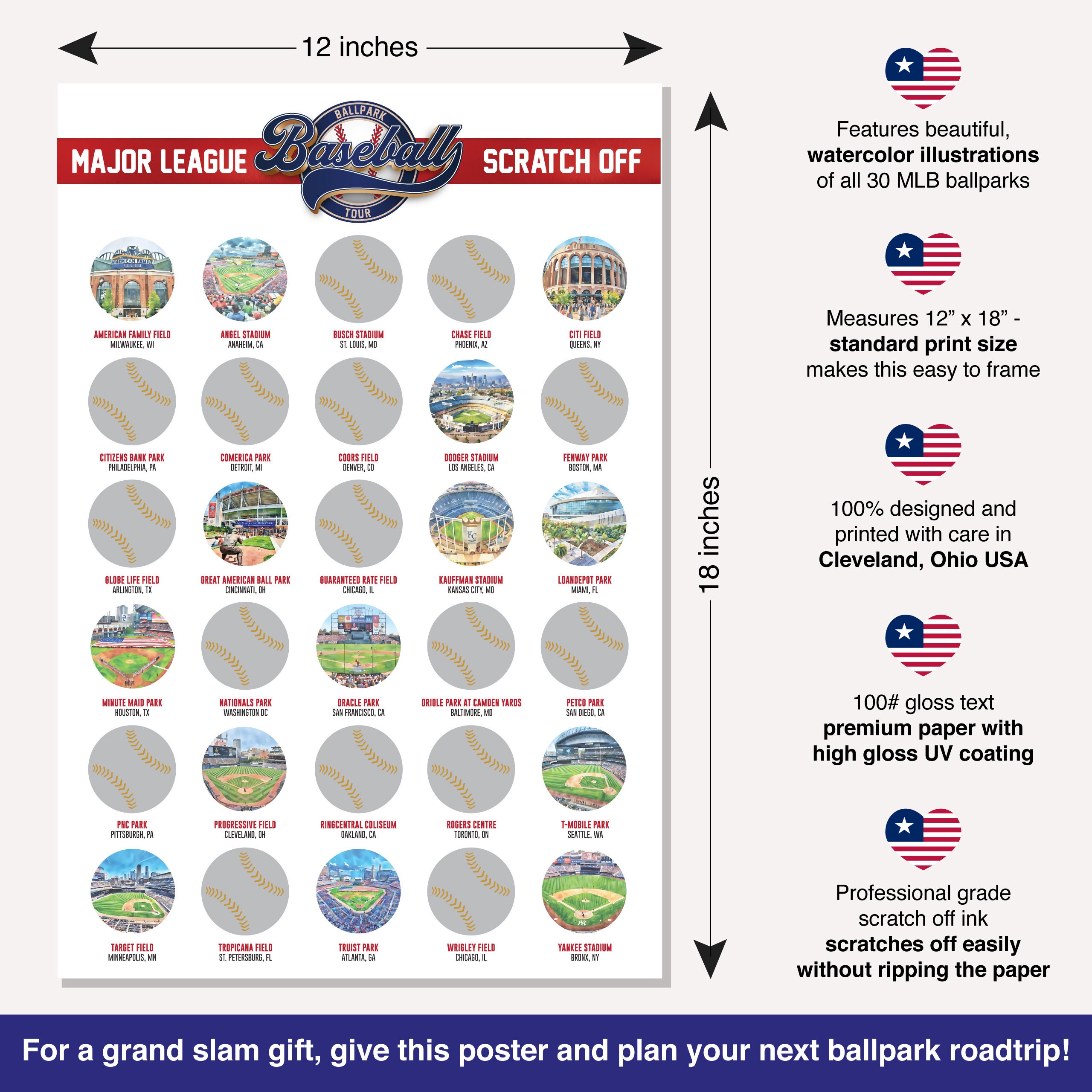 Baseball Stadium Scratch off Poster, Baseball Stadium Map, Baseball