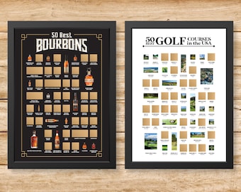 Posters à gratter 50 meilleurs bourbons et 50 meilleurs parcours de golf - Impression bourbon - Impression golf - Le meilleur cadeau pour les collectionneurs de bourbon et les golfeurs !