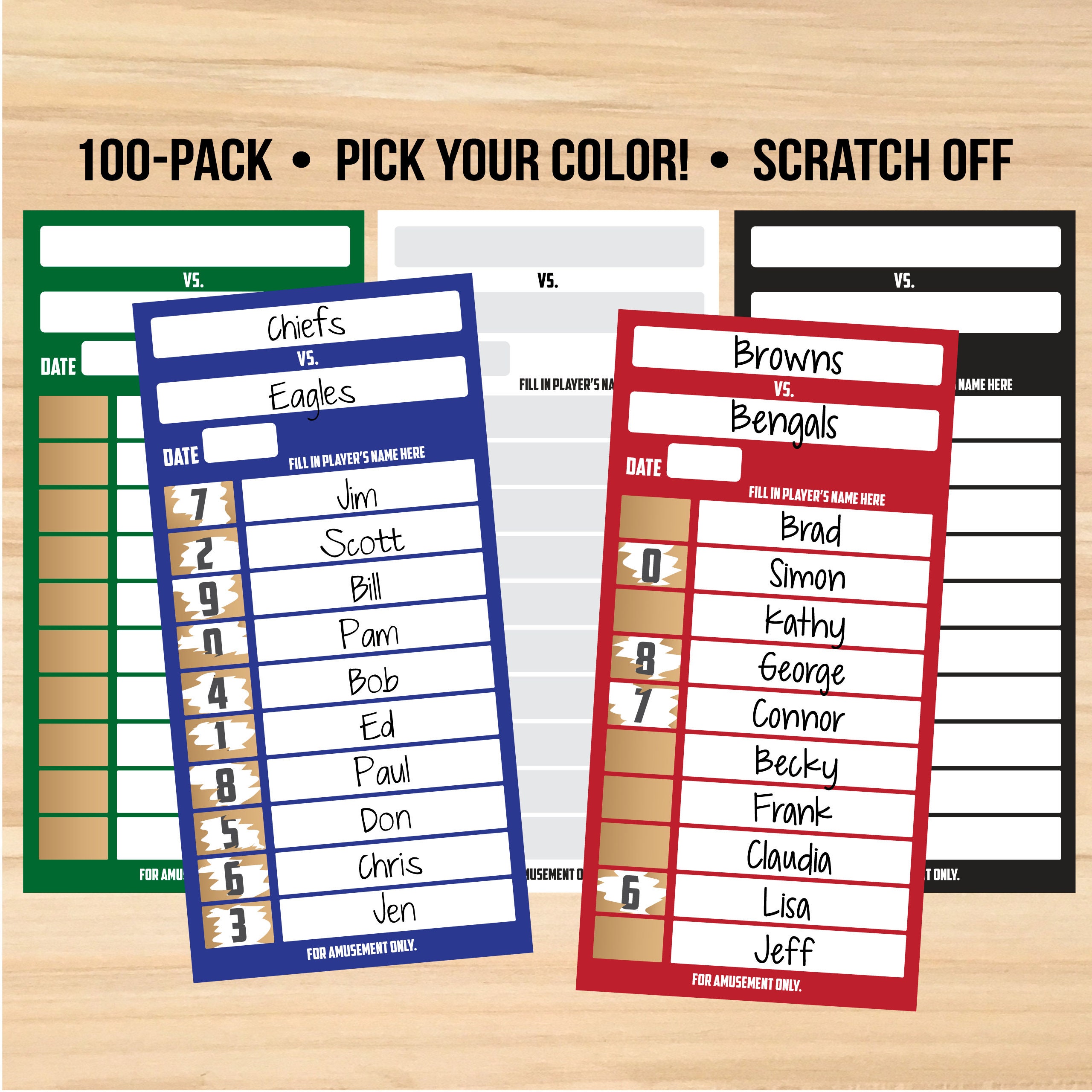  100 Pack 10 Line Sports Strip Cards Super Football Bowl  Football Pool Cards, 100 No-repeat Green Baseball Boxing Soccer Football Strip  Cards Playing Scratch Off Cards for Super Football Party Favor 