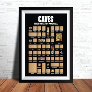 May include: A black and gold poster with the title "Caves: The 50 Best in America". The poster features 50 small images of different caves in the United States.