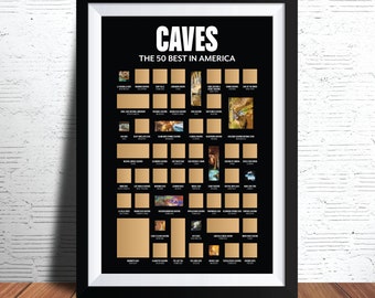 50 Best Caves in the USA Scratch Off Poster, Caving Bucket List, Spelunking Gifts, Show Caves Map, Hiking Wall Art, Hiking Gifts, Cave Decor