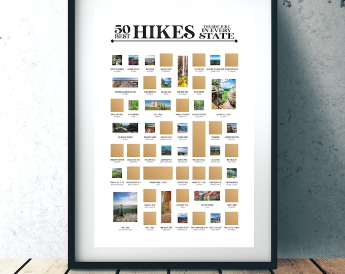 50 Best Hikes Scratch Off Poster - The Best Hike In Every State - Hiking Poster - Hiking Gifts for Women, Men, & All Your Friends!