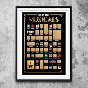 Los 50 mejores carteles para raspar de musicales - Carteles para raspar de musicales de Broadway - Carteles de musicales - Carteles de Broadway - Regalos de Broadway - Teatro musical