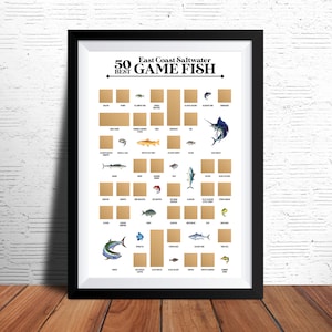 50 meilleurs posters à gratter de poissons d'eau salée de la côte est - impression de pêche - poster de pêche - le meilleur cadeau de pêche pour lui !