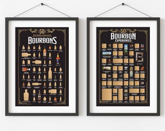 Bourbon Scratch Off Poster Set, 50 Best Bourbons Bucket List & 50 Best Bourbon Experiences, Bourbon Gifts for Men, Bourbon Poster, Bar Decor
