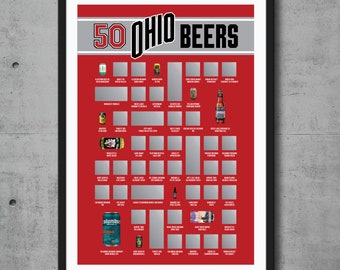 50 meilleures affiches à gratter de bières de l'Ohio - Cadeaux Ohio State - Cadeaux bière - Poster bière - Ohio State Buckeyes - Cadeaux bière pour homme - Plaque sur la bière