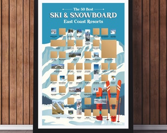 Poster à gratter de ski et de snowboard de la côte est - 50 meilleures stations de la côte est - oeuvres de ski - oeuvres de snowboard - décoration de ski - cadeaux de snowboard