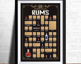 Poster 50 meilleurs rhums à gratter - Cadeaux rhum - Poster rhum - Plaques de rhum - Liste de seaux de rhum - Plaque de bar pour la maison - Cadeaux pour bar de maison - Décoration de bar pour la maison