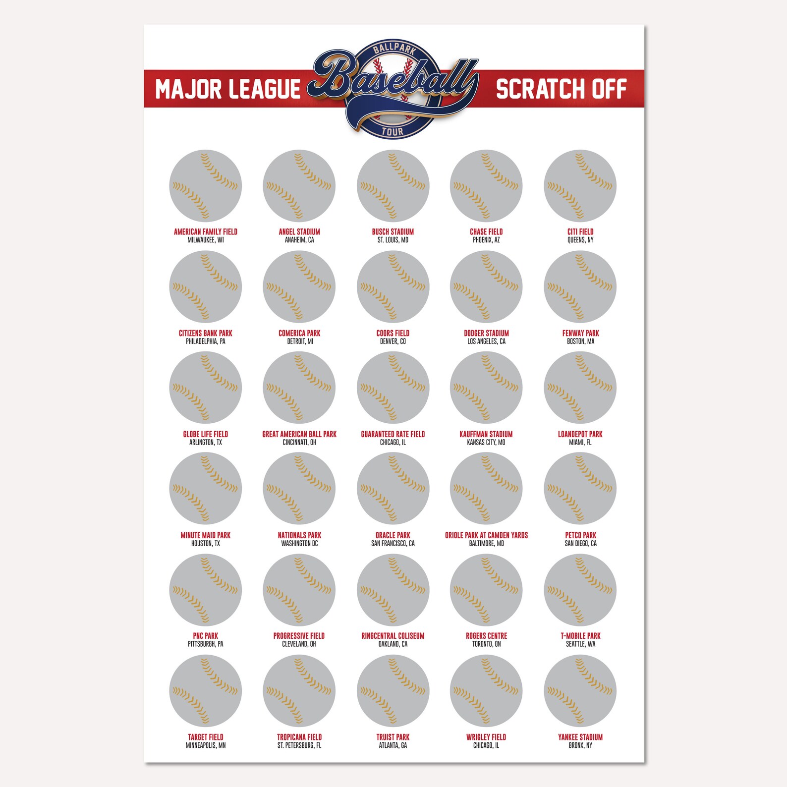 Baseball Stadium Scratch off Poster, Baseball Stadium Map, Baseball