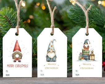 Watercolor Christmas Gnome Gift Tags, Holiday Present Labels (Set of 8)