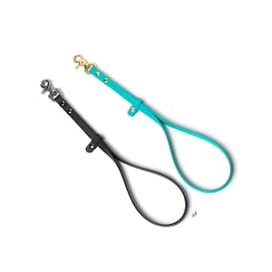 May include: Two leather dog leash attachments. One is black with a silver clasp, the other is turquoise with a gold clasp. Both have a loop handle. The background is white.