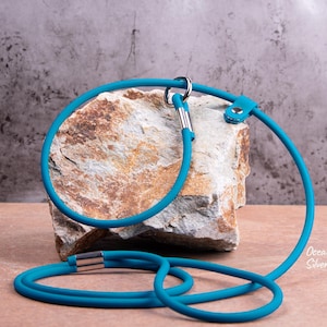 Ocean blue slip lead with silver hardware laying on a rock