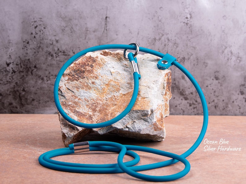 Ocean blue slip lead with silver hardware laying on a rock