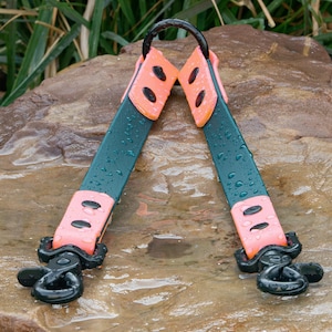 May include: Two-piece dog lead with a black handle and clips, and teal straps with orange accents. The straps have black oval cutouts and are wet with water droplets. The lead is resting on a brown rock.