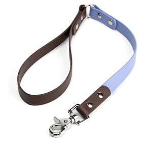 May include: A two-tone dog leash with a brown handle and a light blue strap. The leash is made of leather and has a silver-colored metal clasp and rivets. The leash is designed for pet owners.