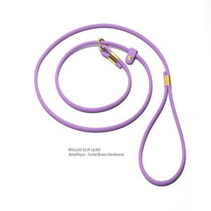 biothane rolled slip lead in amethyst with product details on a white background